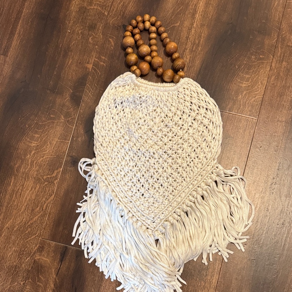 Chic Cream Macrame Fringe Clutch Handbag with Wooden Handles